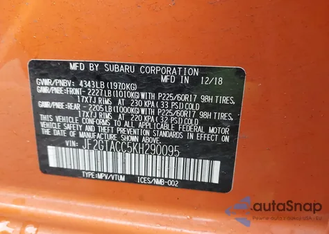 2019 Subaru Crosstrek 2.0I Premium z USA, uszkodzony, nr VIN JF2GTACC5KH290095